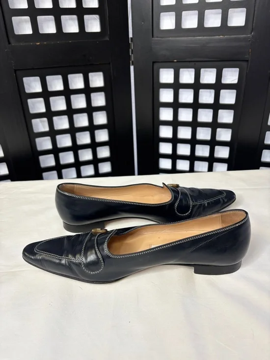 💙Manolo Blahnik Navy Leather Loafers   EU 39.5 Pointed Slip On Designer💙 - Picture 5 of 10